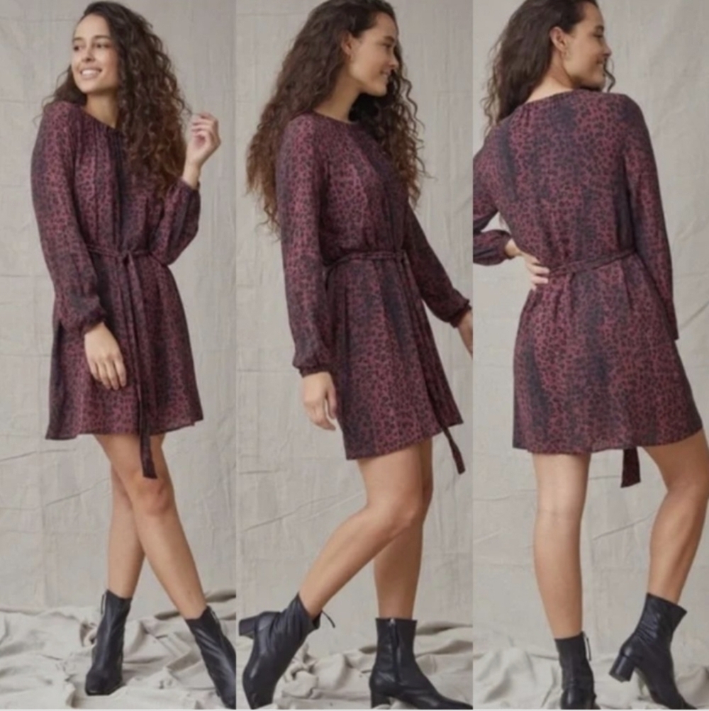 Cloth & Stone Leopard Print Pleated Mini Dress Tie Waist in Wildberry Size Large